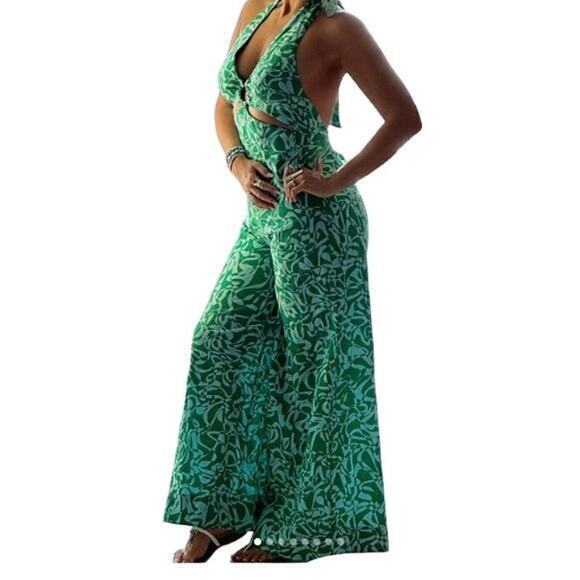 Free People‎ Womens Kira Jumpsuit Size L Green NWT Floral Halter Cutout - Picture 1 of 10